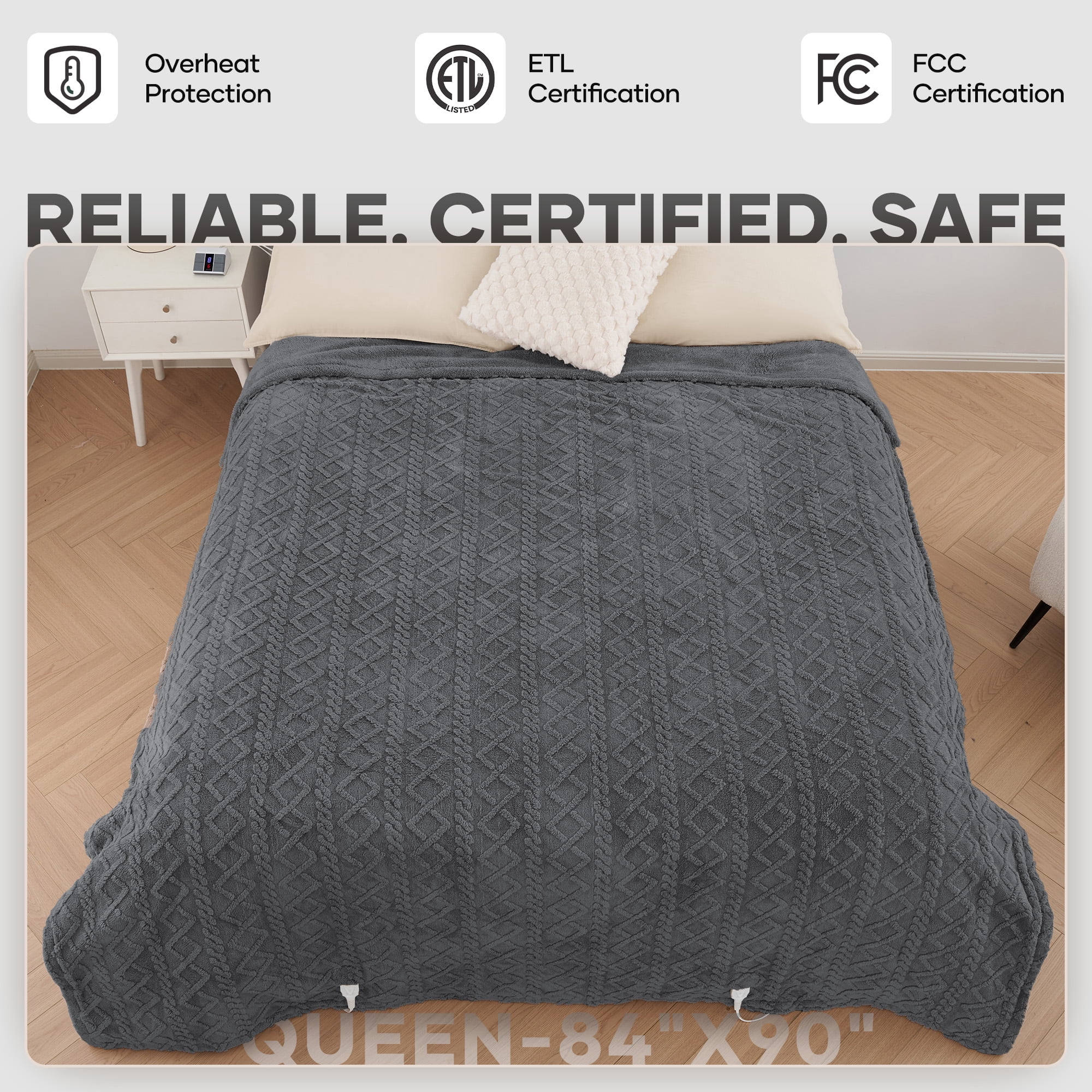 MaxKare Heated Blanket Queen Size Fast Heating Electric Blanket with Dual Controllers, 10 Heat Levels, 10H Timer, 84" x 90", Gray