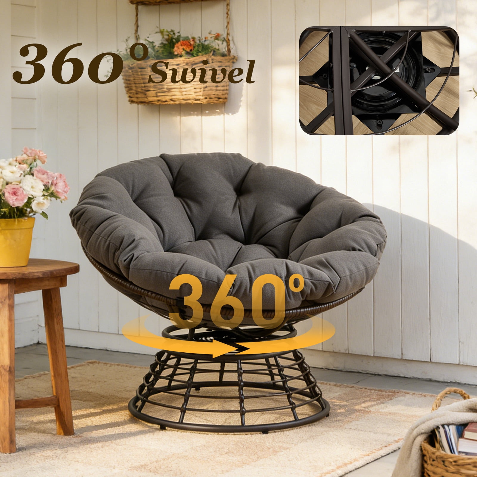 MOONMISS 360° Swivel Wicker Papasan Chair with Soft Thick Cushion for Living Room,Gray