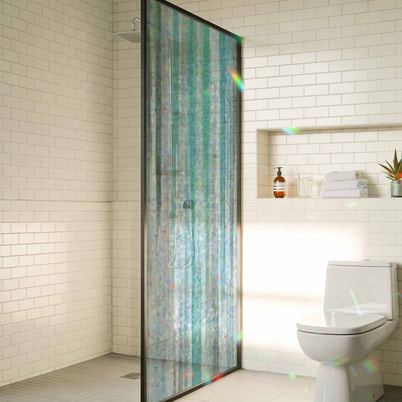 Turquoise Gray Window Privacy Film Stain Glass,Reusable Decorative Rainbow Window Film,Farmhouse Abstract Gradient Aesthetic Static Cling Sun Blocking Stickers Decals Covers 17.7" x 78.7" (2pcs)