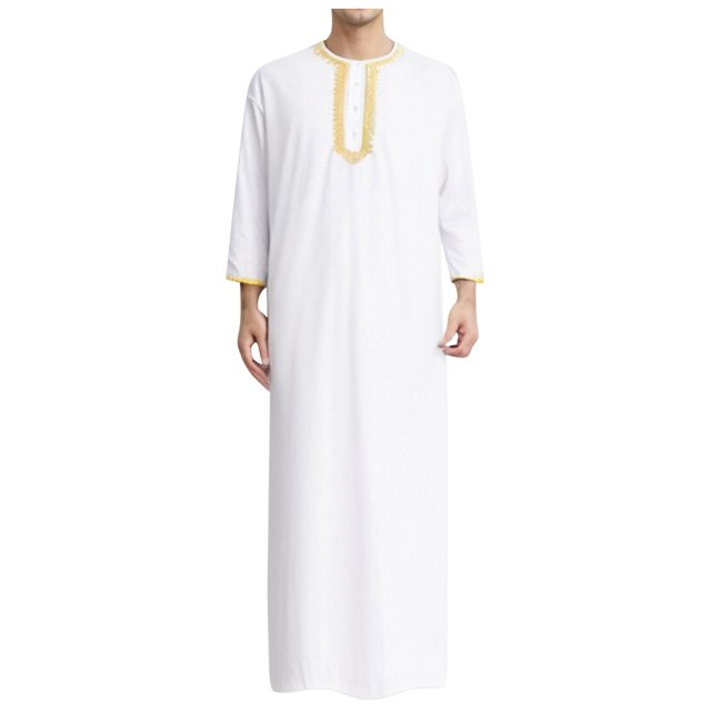 XDZJLR Mens T Shirts Embroidered Robe Muslim Arab Hui Solid Color Ribbon Robe Dubai Travel Robe Shirts for Men