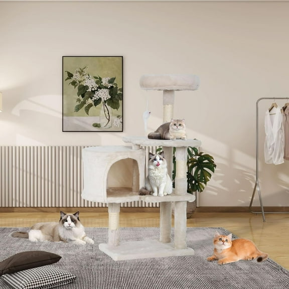 Dkelincs Cat Tree Tower 36 inch Tall Multi-Level Furniture Cat Tree Condo with Scratching Posts Perches for Indoor Play, Nap and Climbing, Beige