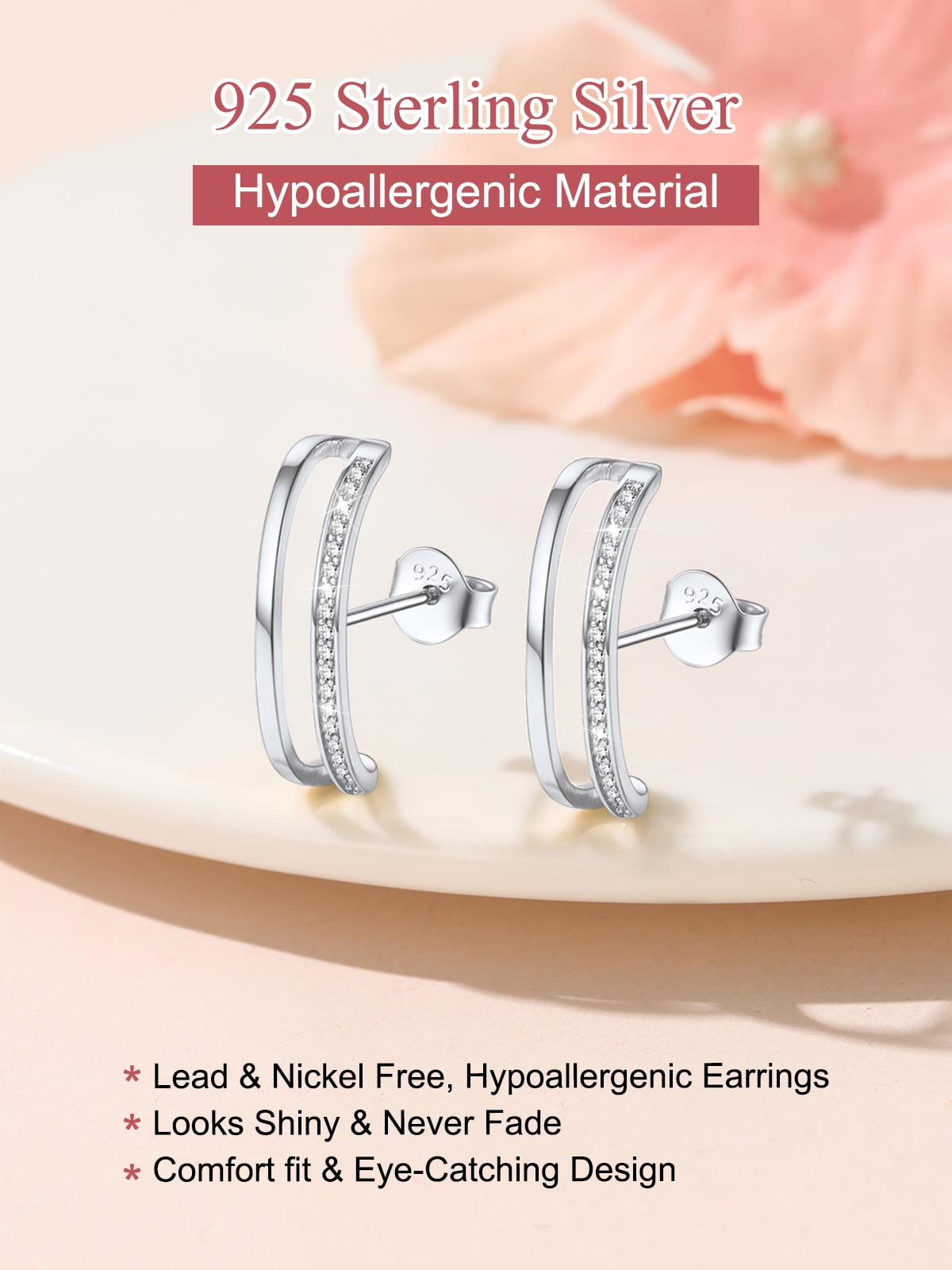 FOCALOOK Suspender Ear Cuff Earrings for Women 925 Sterling Silver Wrap Earlobe Studs Hypoallergenic Minimalist Cubic Zirconia Crawler Climber Huggie Hoop Earrings Jewelry Gift
