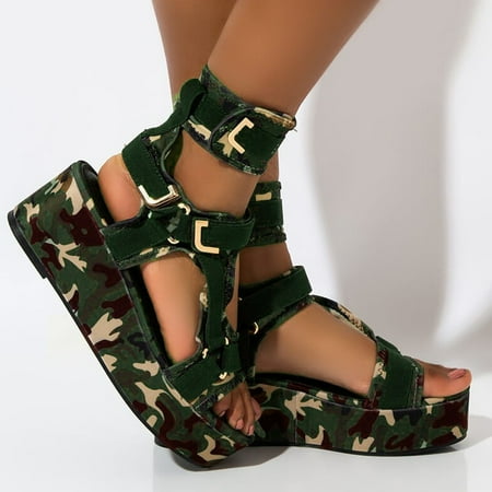 

uikmnh Women Shoes Platform Sandals For Womens Open Toe Ankel Strap Camouflage Flats Beach Shoes Green 7.5