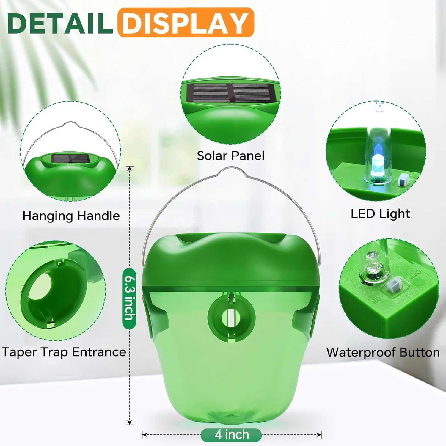 4-PACK Wasp Trap, Solar Wasp Traps Hanging, Reusable Yellow Jacket Trap with LED Light, Bee Hornet Traps for Outside Orchard, Farm, Garden, Patio, Courtyard (Green)