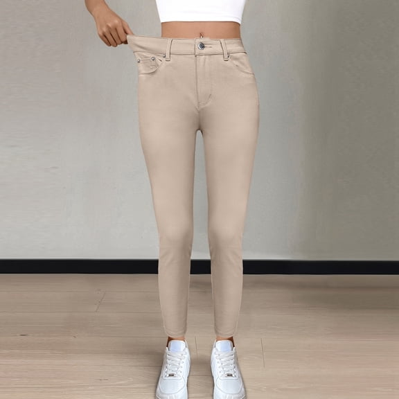 BUWTTER Casual Pants for Women High Waist Stretch Jeans Casual Streetwear Denim Comfortable Figure Ladies Trousers Womens Slacks Beige L