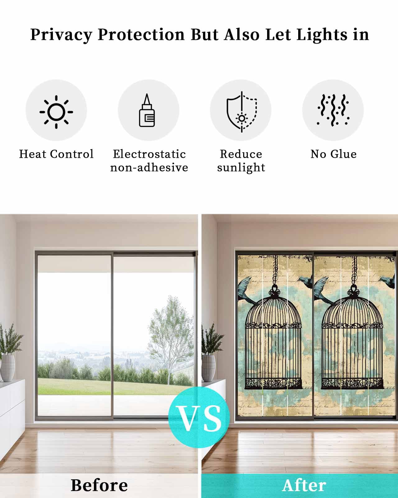 Window Privacy Film Teal Vintage Birds Stained Glass Window Film Decorative Sun Block Window Cover Retro Birdcage Watercolor Window Clings Static Adhesive Sticker for Bathroom 23.6"x59"