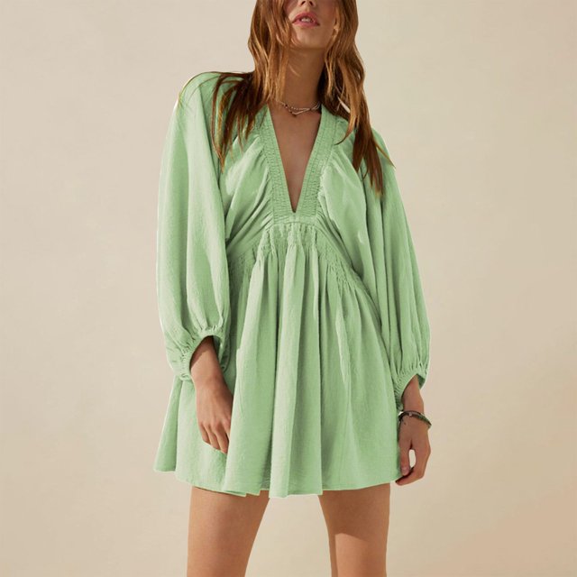 WILLBEST Robe de Mariage en Satin pour Invité Femmes Sexy Manches Longues Col en V Taille Robe Décontractée Ample Flo Mini Robe