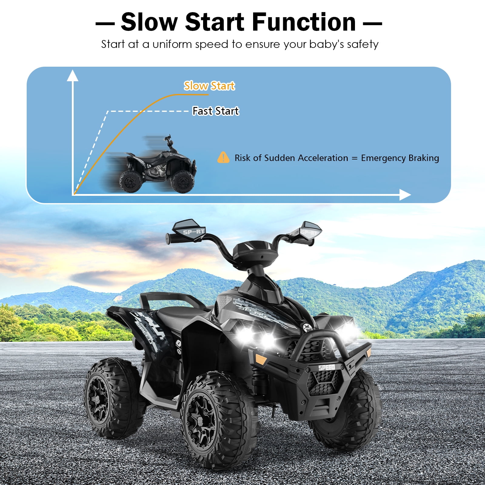 OLAKIDS Kids Ride on ATV, 12V 4-Wheeler Quad Toy Vehicle with Music, Horn, High Low Speeds, LED Lights, Electric Ride On Toy, Battery Powered Wheels Car for Kids Over 3 Years Old