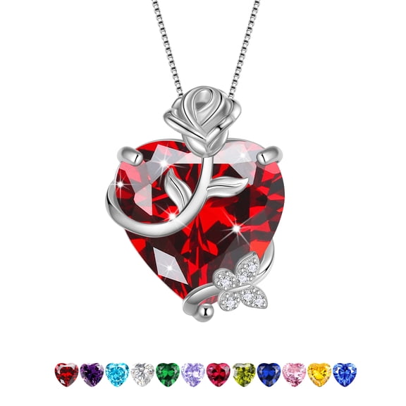 Juwaliy 15MM Women Rose Heart Necklace January Birthstone 925 Sterling Silver Butterfly Flower Pendant Garnet Jewelry Mother Valentine's Day Gift