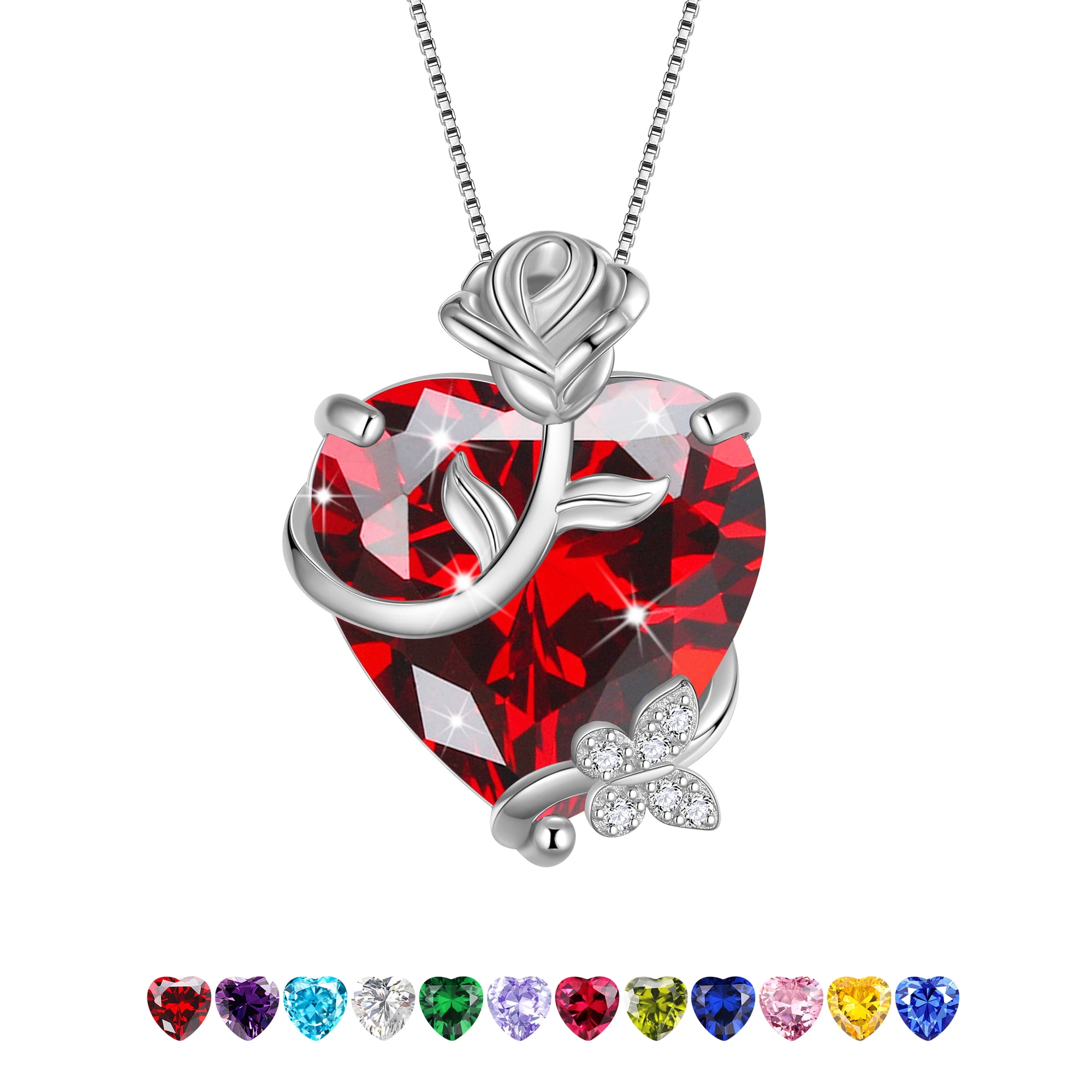Juwaliy 15MM Women Rose Heart Necklace January Birthstone 925 Sterling Silver Butterfly Flower Pendant Garnet Jewelry Mother Valentine's Day Gift