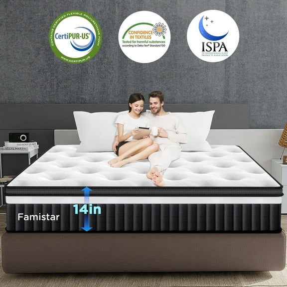 14 Inch King Size Mattress, Pressure Relief Hybrid Mattress w/Thicker Gel Memory Foam & Pocket Coils for Motion Isolation, 3D Breathable Cover for Reducing Odors, Medium Firm, CertiPUR-US Certified