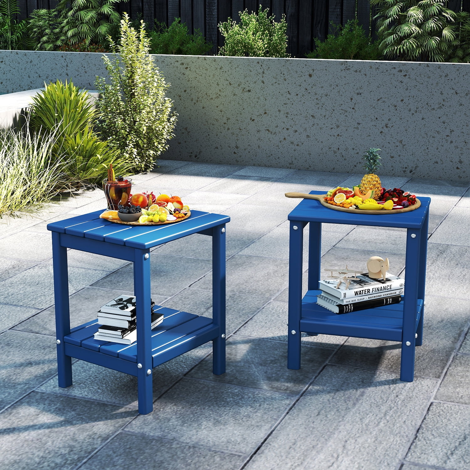 Pipopa Adirondack Outdoor Side Table Set of 2,HDPE All Weather Double Layer Patio Side Table,Rectangular End Table for Garden Balcony Pool,Blue