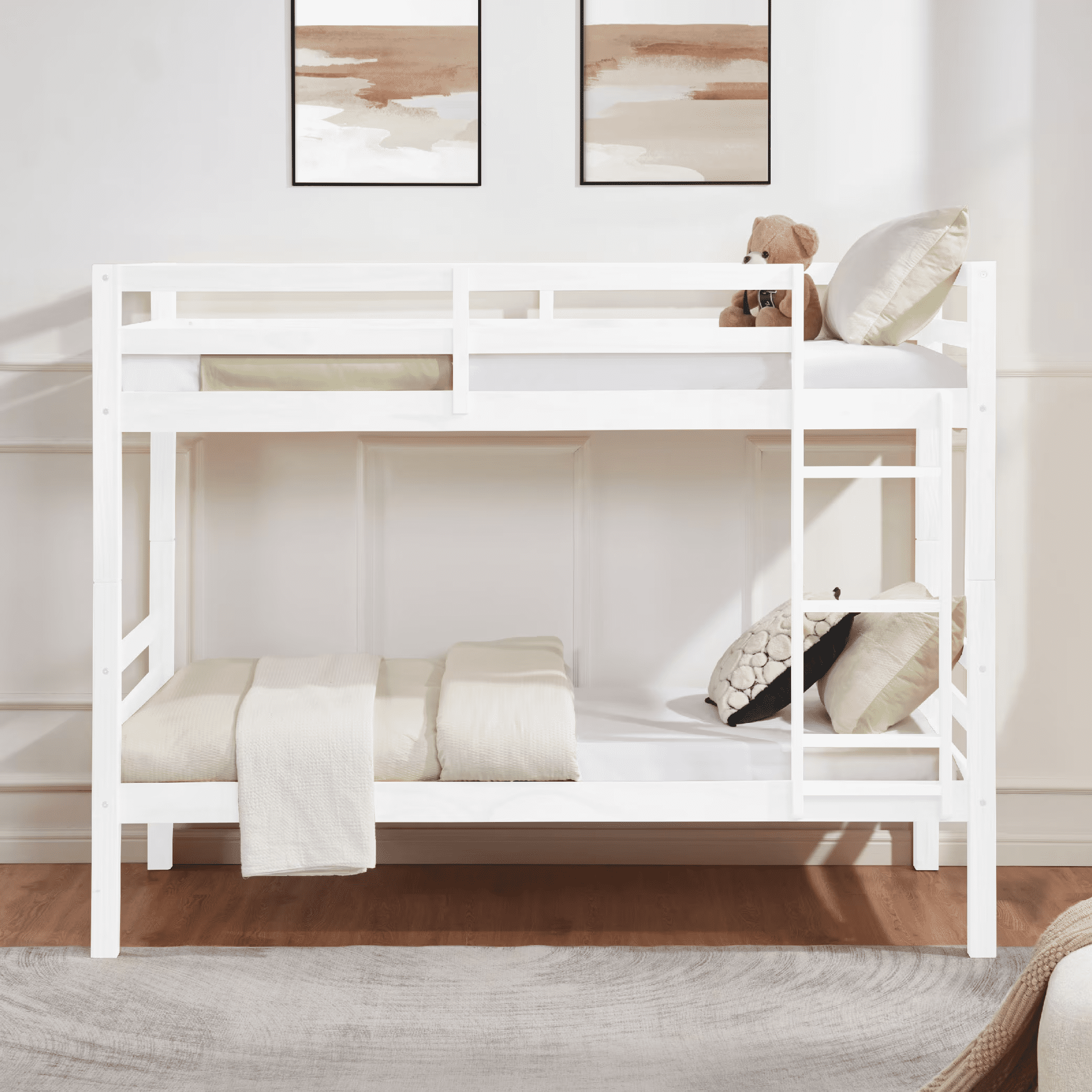 MAYEERTY Twin over Twin Bunk Bed with Thick Posts, Wooden Bed Frame with High Guardrail and Ladder for Kids, No Box Spring Needed, White