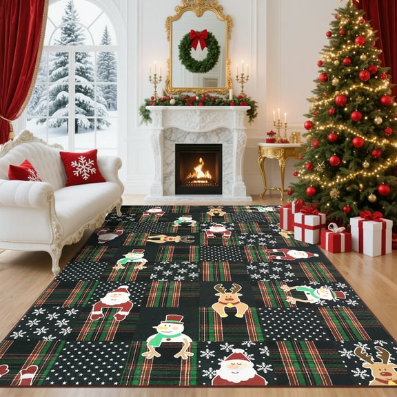 Hasoo Christmas Plaid Room Decor Carpet Indoor Modern Washable Area Rug for Living Room 9' x 12' Black