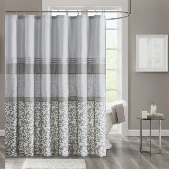 Mid-Century Modern Embroidered Shower Curtain with Built-in Liner - Grey Fabric Privacy Screen, Machine Washable, 72x72