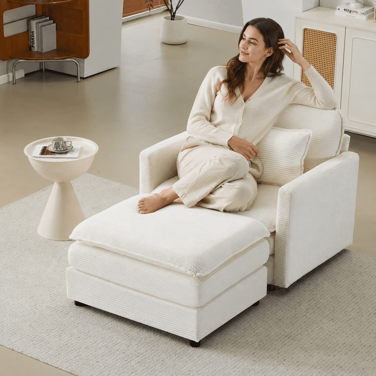 BSHTI 54 inch Corduroy Cloud Sofa, Modular Single Lounge Chair with Ottoman, Modern Living Room Sofa for Living Room, Bedroom, Home Studio (Beige)