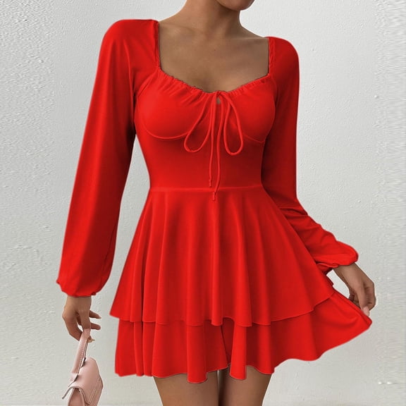 Blmnix Cocktail Valentine Dresses for Girls Pleated Waisted Dress Red Square Neckline Long Sleeve Slip Dress,XS