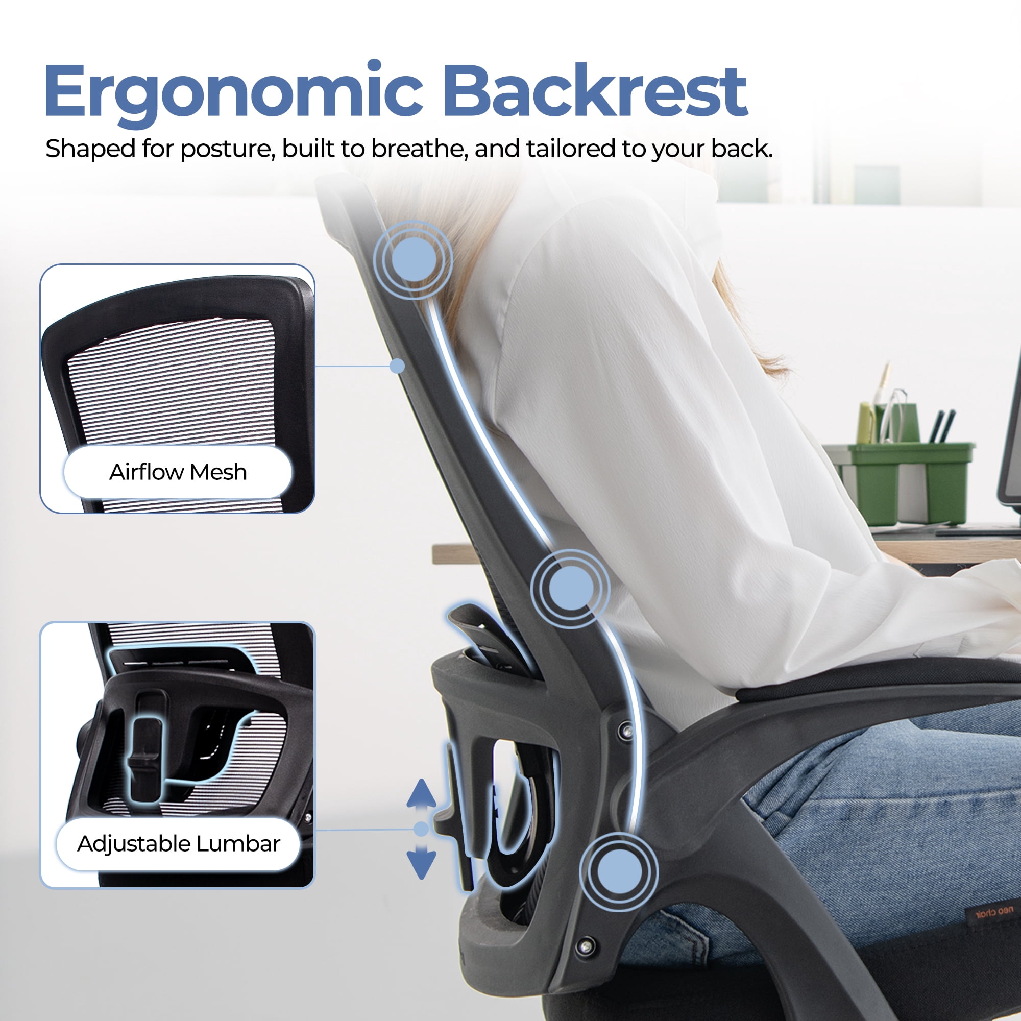 CELTOSS Ergonomic Office Chair, Wide Seat with Flip-Up Armrests, Lumbar Support, Adjustable Height, Comfy Home Task Computer Chair, Black