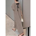 thumbnail image 2 of sicmoss Women's Coffee Brown Striped Gingham Swing Dress Crew Neck Loose Fit Midi Lantern Sleeve, 2 of 7