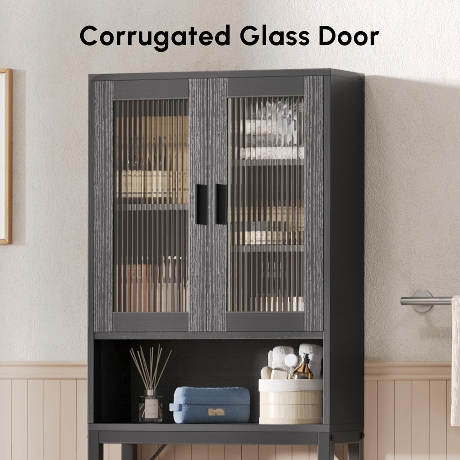 Fil-fresh Over The Toilet Storage Cabinet, Bathroom Organizer with Tempered Glass Doors, Thicken Metal Stand & MDF Wood, Freestanding Space Saver, Black
