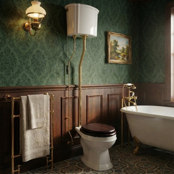Aspen High Tank Pull Chain Toilet White Ceramic High Tank, Elongated Rear Entry Bowl and Brass PVD Pipes Antique Victorian ADA Compliant Toilet 78" Adjustable Height Renovators Supply