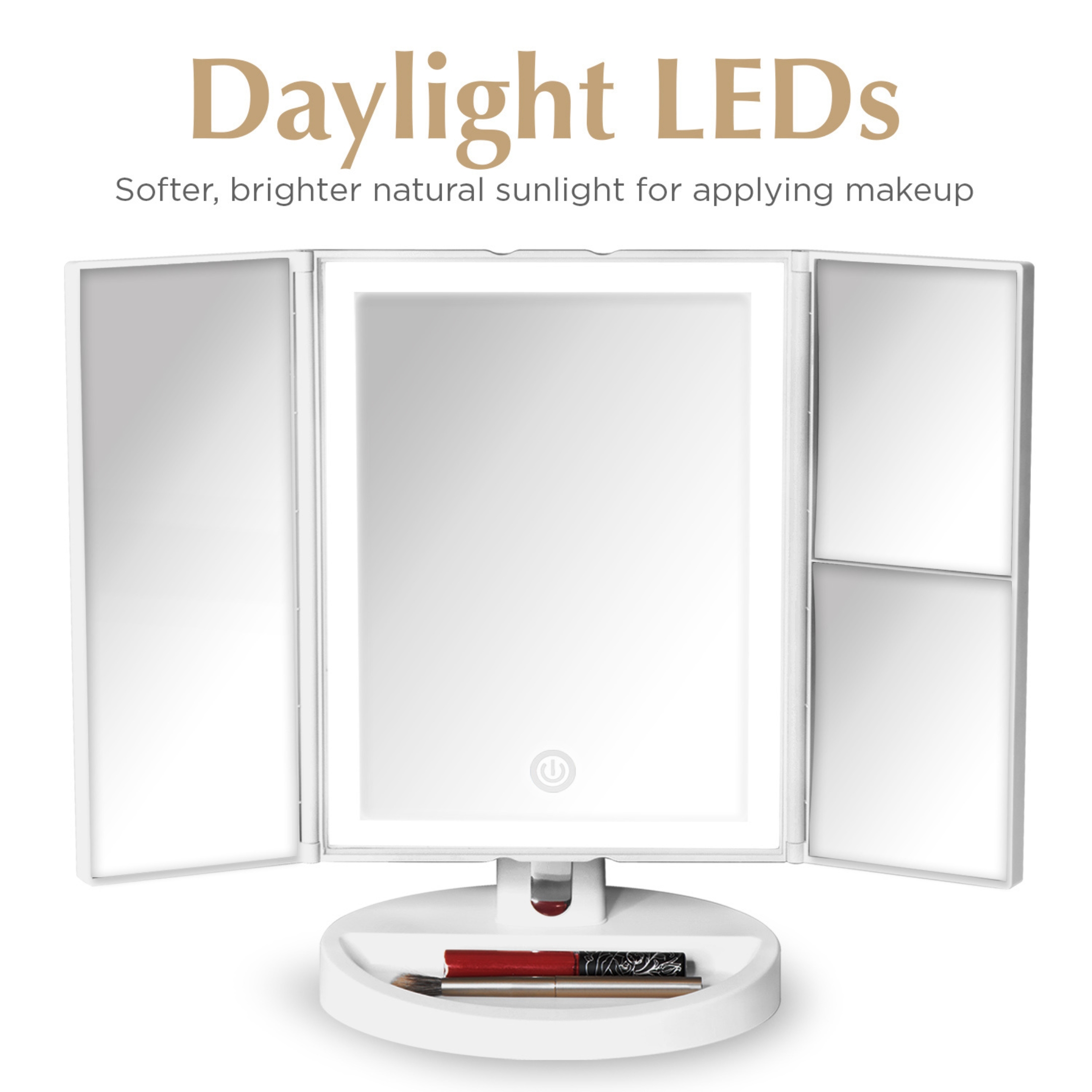 Fancii LED Lighted Vanity Makeup Mirror, Trifold Mirror with 5x and 10x Magnifications - 34 Dimmable Natural Lights, Touch Screen, Best Adjustable Countertop Mirror with Cosmetic Stand (Tria) - image 4 of 7