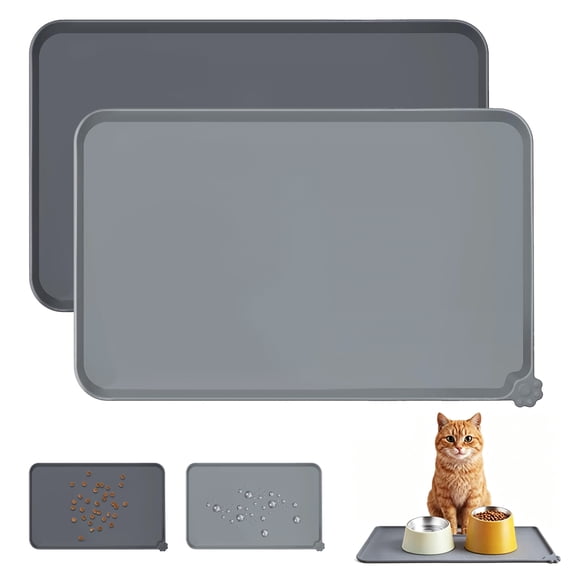 Square 2Pcs Silicone Pet Feeding Mat - 18.5" x 11.5" Waterproof & Non-Slip Dog Cat Placemat, High Raised Edges Spill-Proof Design, Easy Clean Floor Protector for Bowls (Dark Gray & Light Gray)