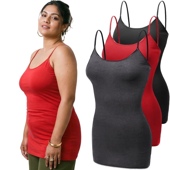 Emmalise Women's 3-Pack Basic Long Camisoles Adjustable Strap Cami, Black, Red, Hth Charcoal