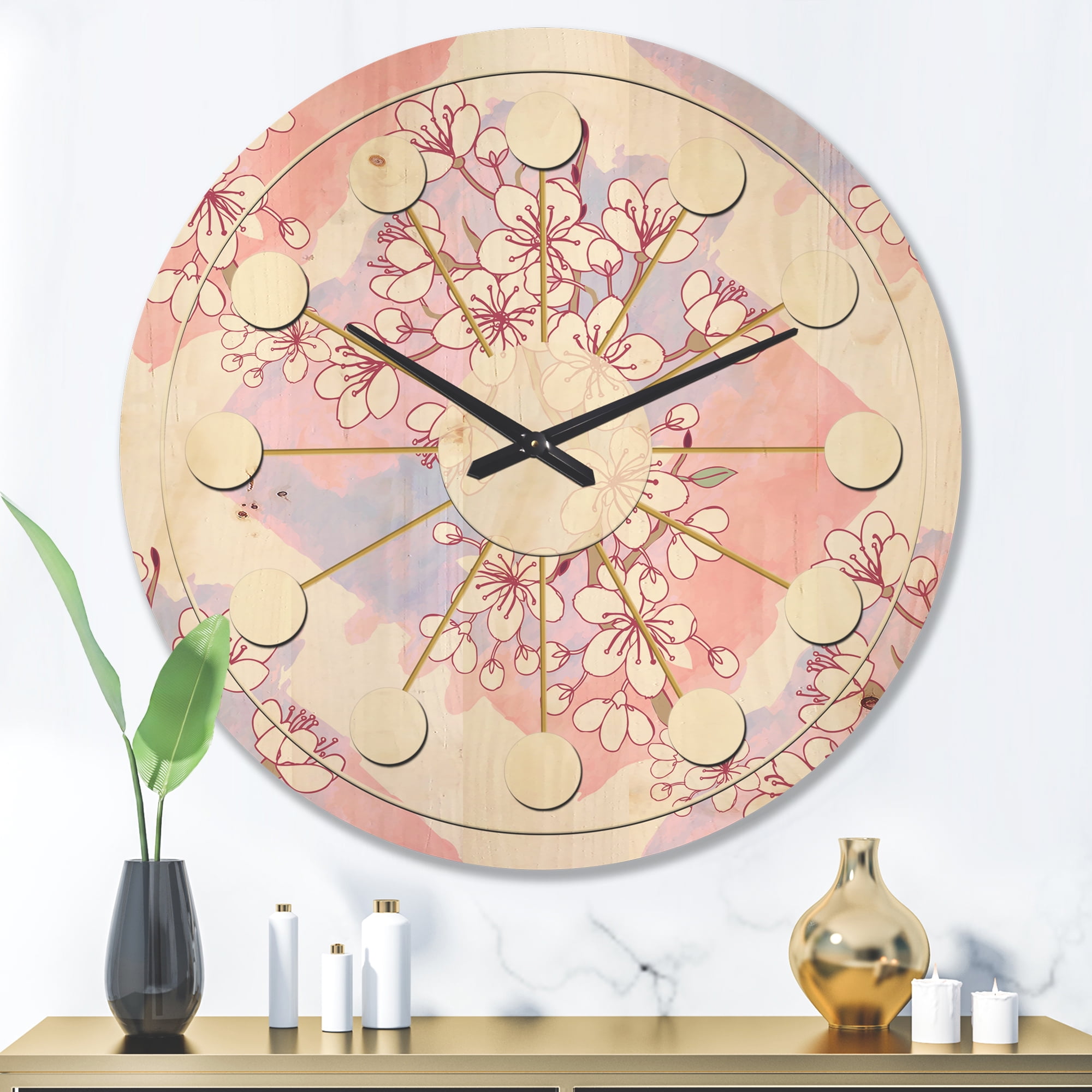Designart 'Pink Flower Retro Pattern I' Mid-Century Modern Wood Wall Clock