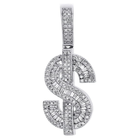 10K White Gold Baguette Diamond Dollar Sign Pendant Money Symbol Charm 0.60 CT.