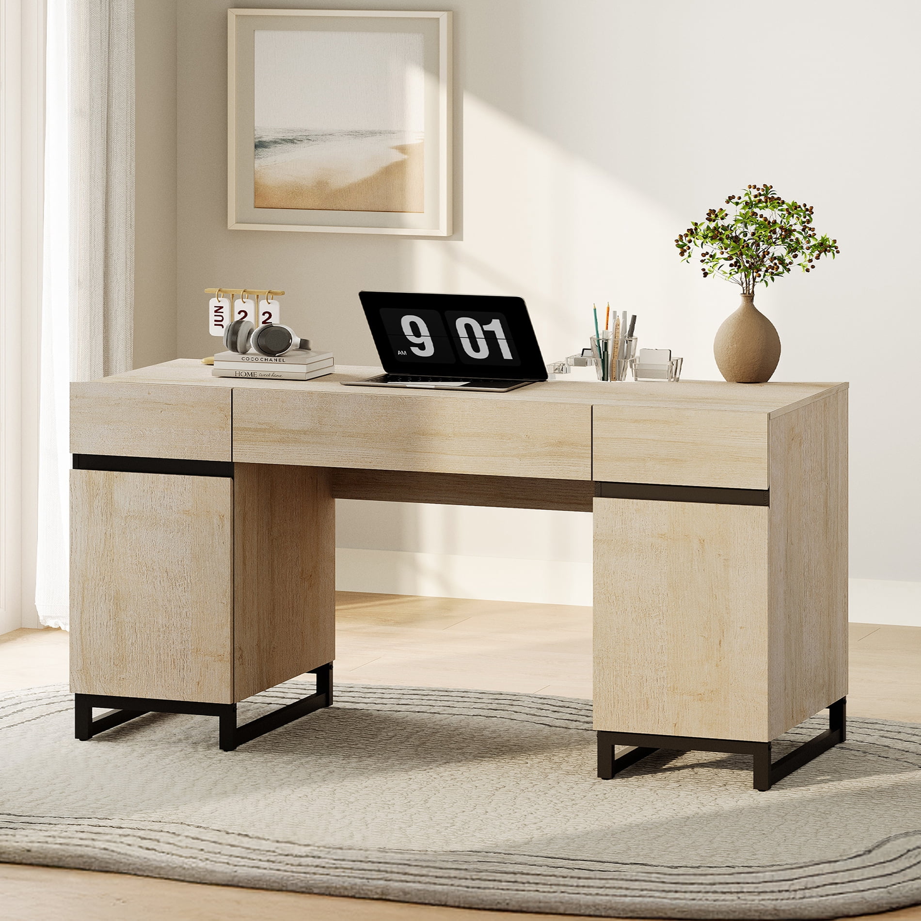 WAMPAT Home Office Furniture Set: 59in Modern Executive Desk with Charging Station and Drawers and Three 72in Tall Bookcases, Home Office Furniture for Living Room, Bedroom, Beige