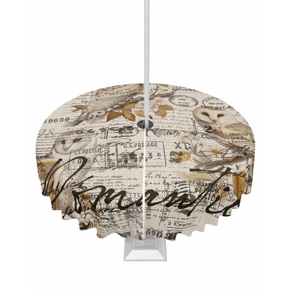 Fsddascl Vintage Owl Outdoor Tablecloth - 54 Inch Round Dining Table Cover, Farmhouse Sping Floral Botanical Postmark Waterproof Outdoor Table Cloth with Umbrella Hole & Zipper for Picnic/Patio