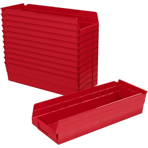 Akro-Mils 30138 Plastic Shelf Bins, Heavy Duty Storage Bins for Garage, Closet, and Drawer Organization, 18-Inch x 6-1/2-Inch x 4-Inch, Red, 12-Pack