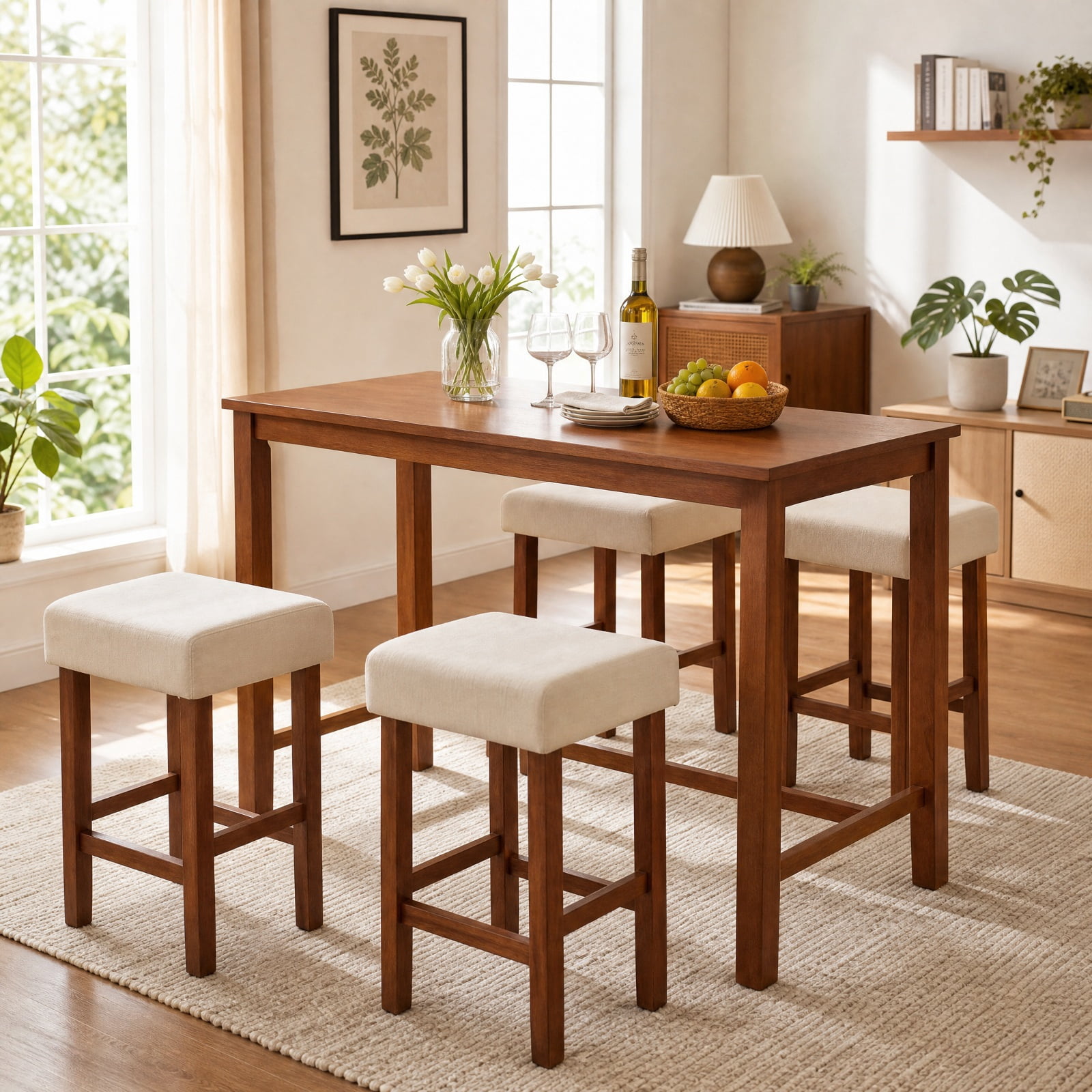 Furnibear Set of 2 24 Inch Bar Stool with Curved Seat Cushions-Off White for Kitchen Island Counter Bar Pub Dining Home, Brown