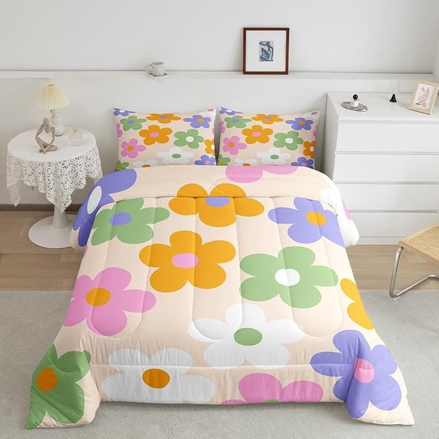 YST Ensemble de Couette en Duvet Taille Simple Style Années 70 Groovy, Ensemble de Housse de Couette Rétro à Marguerites Doux Collection de Lit, Literie Colorée Style Ferme Rustique Couette pour Chambre de Garçons Filles