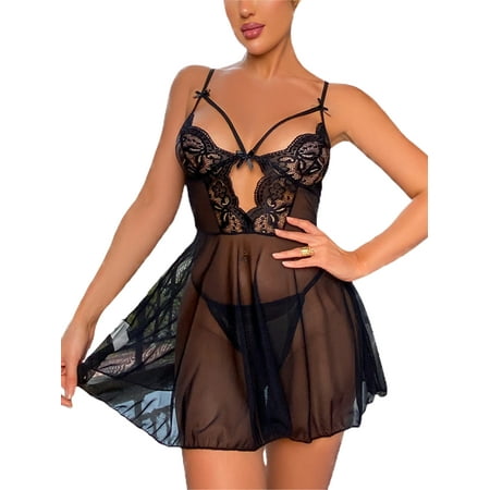 

Avamo Women Chemise Deep V Neck Nightwear Lace Babydoll Mini Lingerie Two Pieces Ladies With Thongs Crotchless Teddy Hollow Out Black 2XL