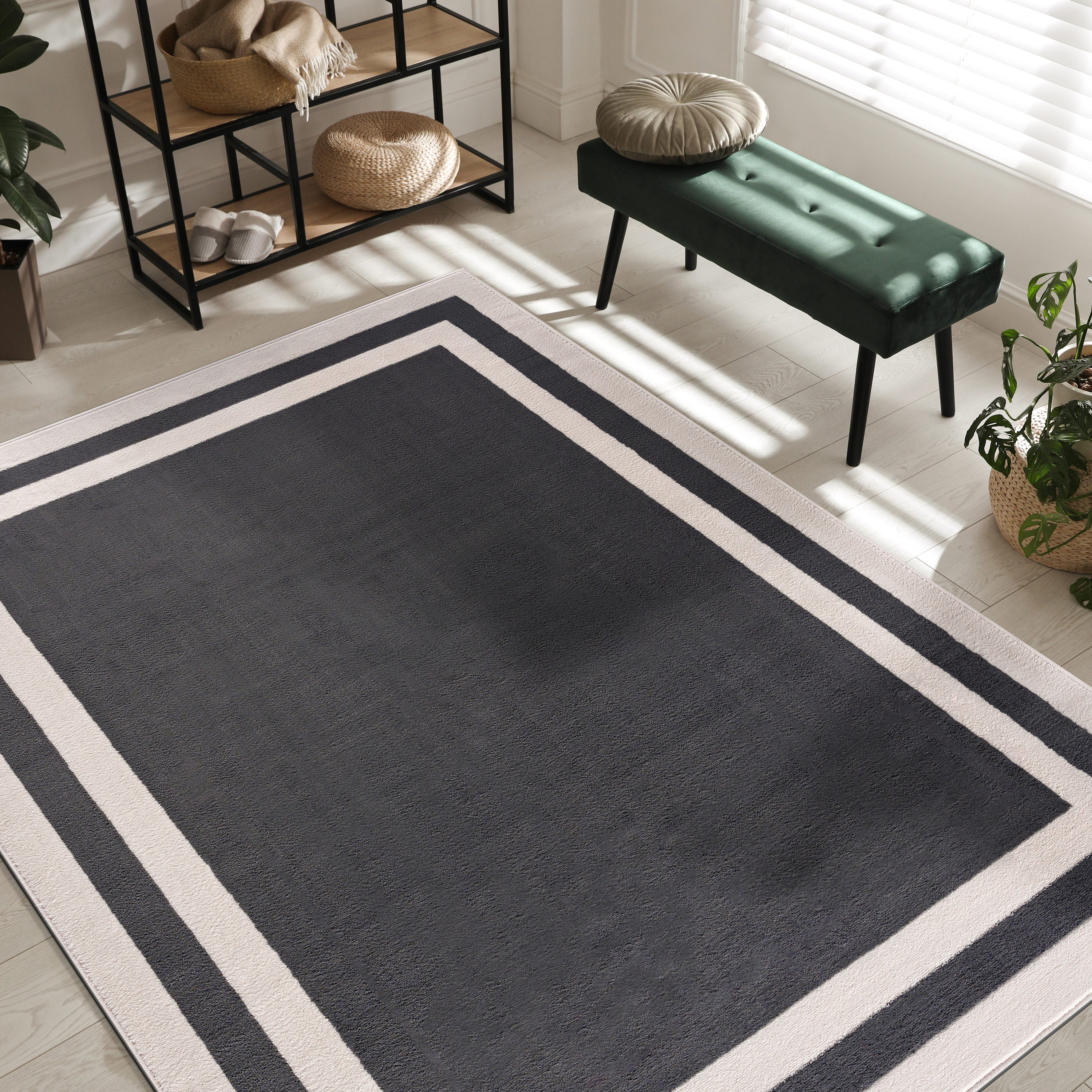 CAMILSON Crystal Dark Grey Area Rug, 3' x 5' Bordered, for Living Room, Bedroom, Dining Room Dark Grey / Cream Indoor Area Rugs
