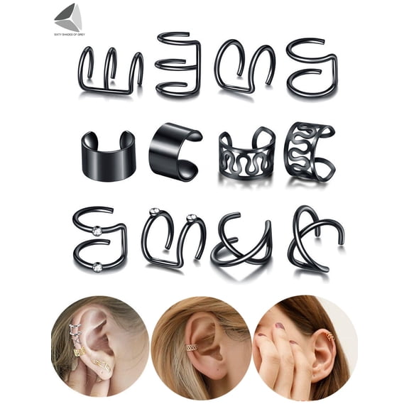 PULLIMORE 6 Pairs Ear Cuff Clip Set Stainless Steel Fake Cartilage Earring No Piercing Earcuff (Black)