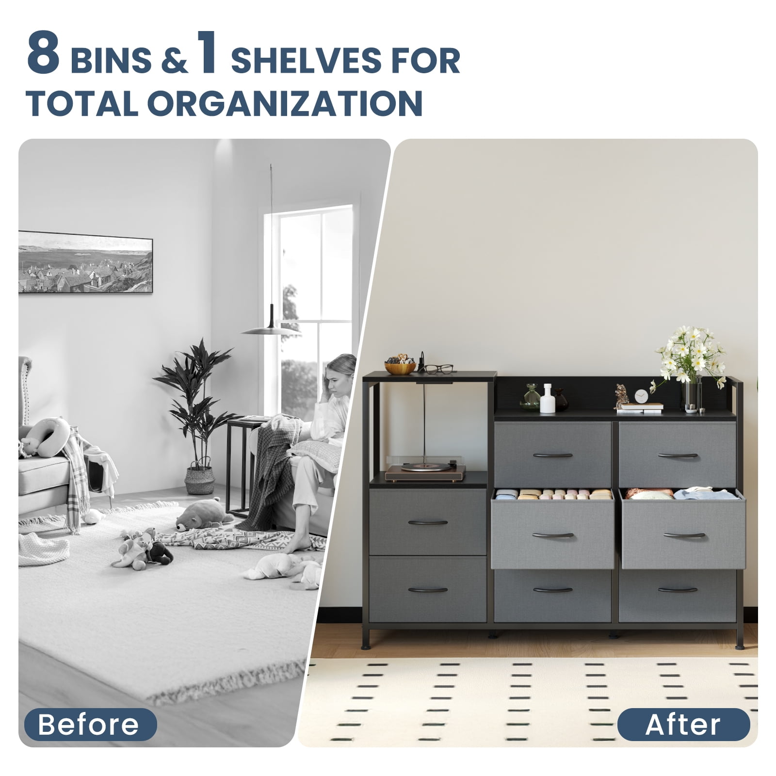 EDX 8 Drawer Dresser TV Stand, with Power Outlets and Open Shelves, for Bedroom and Living Room, Gray