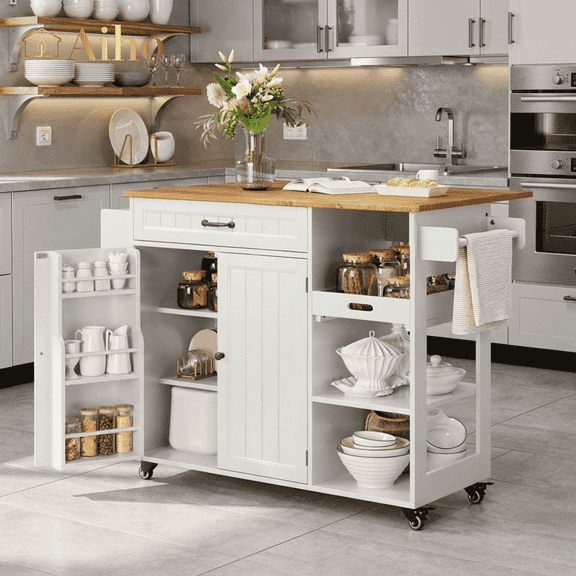 Aiho Rolling Island Table with Storage, 41.2" W Kitchen Island on Wheels with Drop Leaf & Spice/Towel Rack & Adjustable Shelf, Perfect for Kitchen, Living Room, White