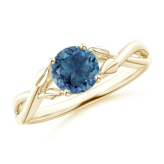 ANGARA Natural London Blue Topaz Crossover Ring with Leaf Motifs in 14K Yellow Gold for Women (Size-6mm) | November Birthstone Jewelry for Women | London Blue Topaz Ring (Ring Size- 7.5)