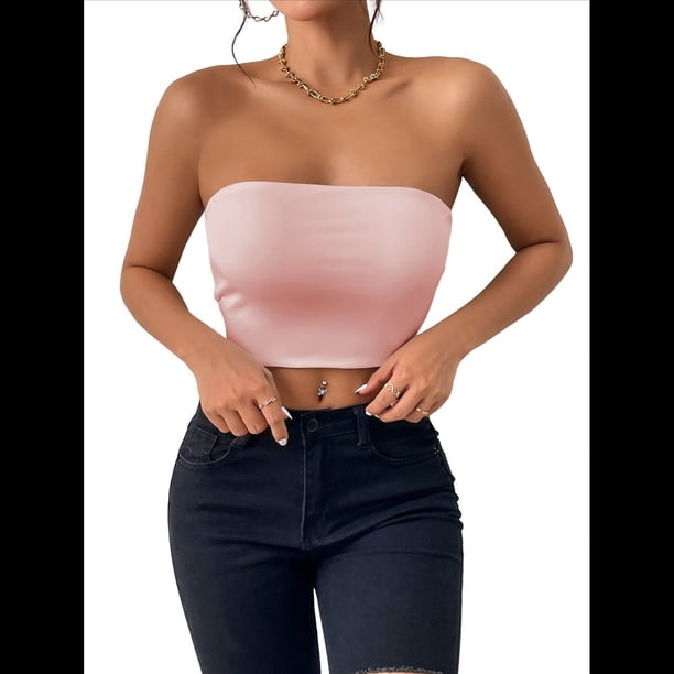 Tops de Tubo para Mujer, Tops Cortos Sin Tirantes, Básicos, Sin Espalda, Sin Mangas, Bandeau, Atuendos Bonitos para Salir de Verano 2025. Rosa L