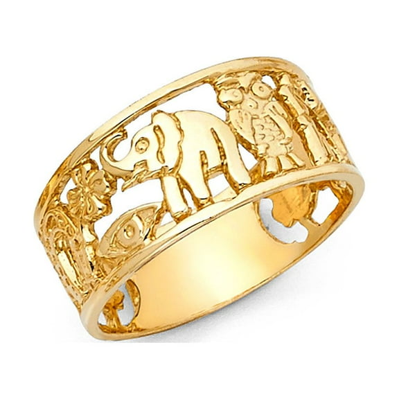 14k Yellow Gold Elephant Owl Clover Horseshoe 13 Band Good Luck Charm Ring Solid 10MM Size 7
