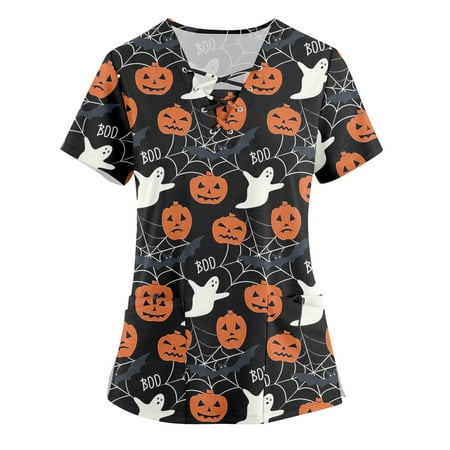 

XHJUN Scrub Tops Women Print Halloween Ghost Pumpkin Spider Web Comfy Working Uniforms Criss Cross V-Neck Short Sleeve Shirts with Pockets Stretch Breathable T-Shirt White 5XL