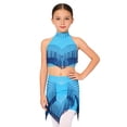 thumbnail image 3 of TiaoBug Kids Girls Latin Dance Outfits Fringe Tassels Halter Backless Crop Top with Mini Skirts Dancewear Light Blue 14, 3 of 7