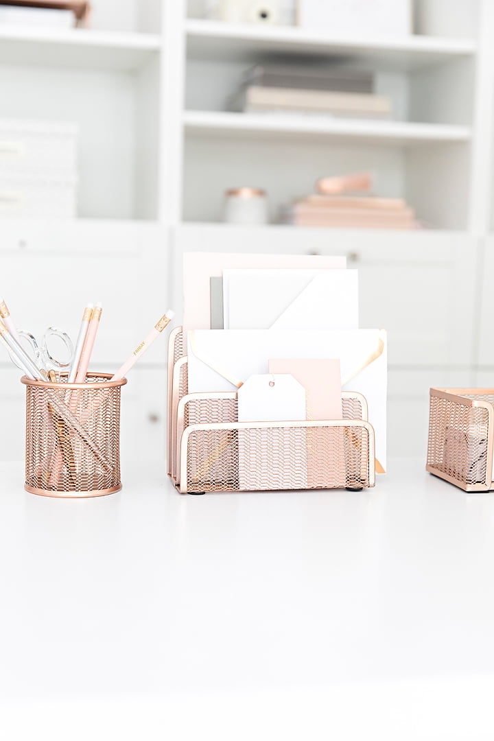 Monte 5 Piece Rose Gold Desk Organizer Set with Desktop Hanging File Organizer