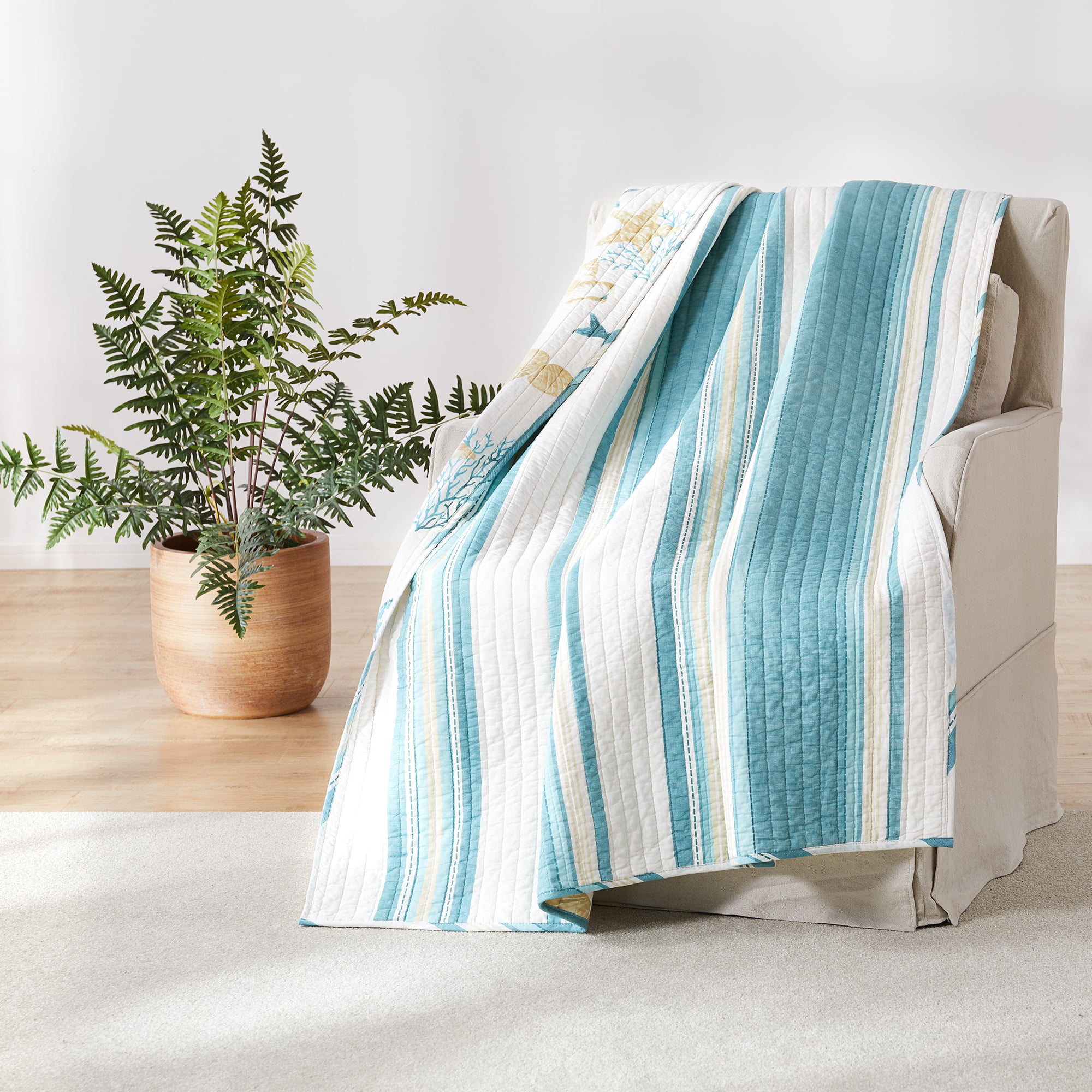 White Sea Life Aqua Blue Taupe Cotton Levtex home Quilted Throw - Reversible San Sebastian 50x60in