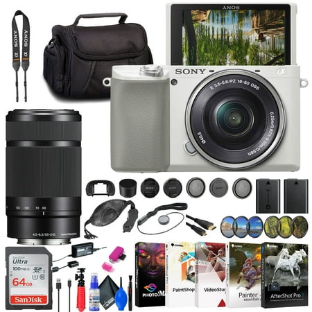 Sony a6100 Mirrorless Camera with 16-50mm and 55-210mm Lenses (White) (ILCE6100Y/W) + Filter Kit + 64GB Card + 2 x NPF-W50 Battery + Card Reader + LED Light + Corel Photo Software + HDMI Cable + Case