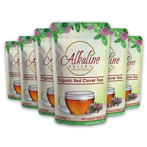 Organic Red Clover Tea - 15 Unbleached/Chemical-Free Red Clover Tea Bags - (Pack of 6) - 100% Alkaline, Caffeine-Free, No GMO