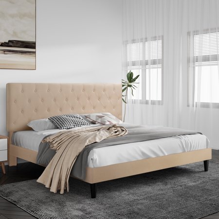 Sha Cerlin King Size Platform Bed Frame with Linen Fabric Upholstered Button Tufted Headboard  Beige